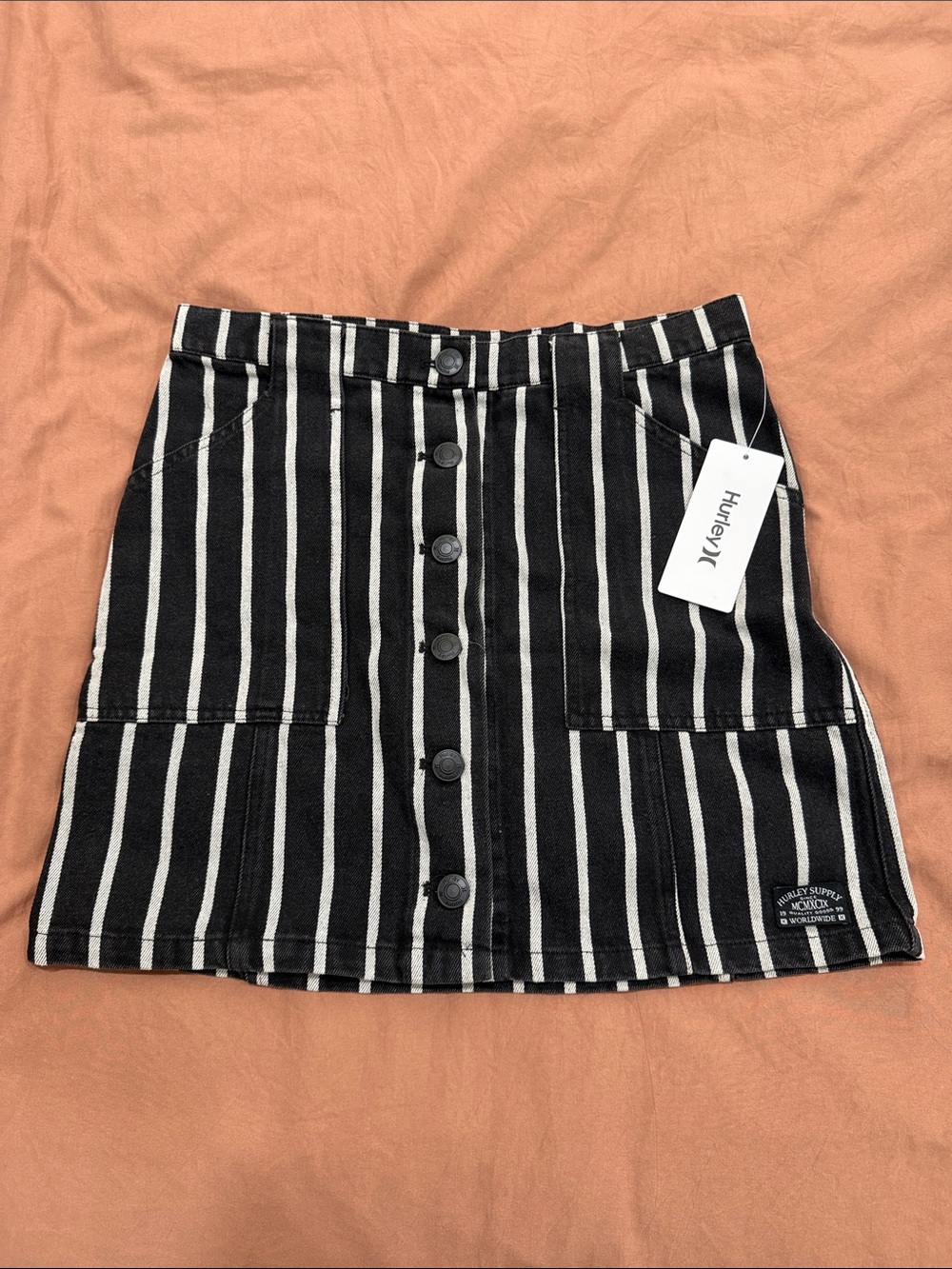 Hurley Black and White Vertical Stripe Button-Front Mini Skirt